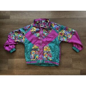 EVR Nylon‎ Bomber Jacket DIV ROUSSO Full Zip Pink Green 80s/90s Vintage Medium
